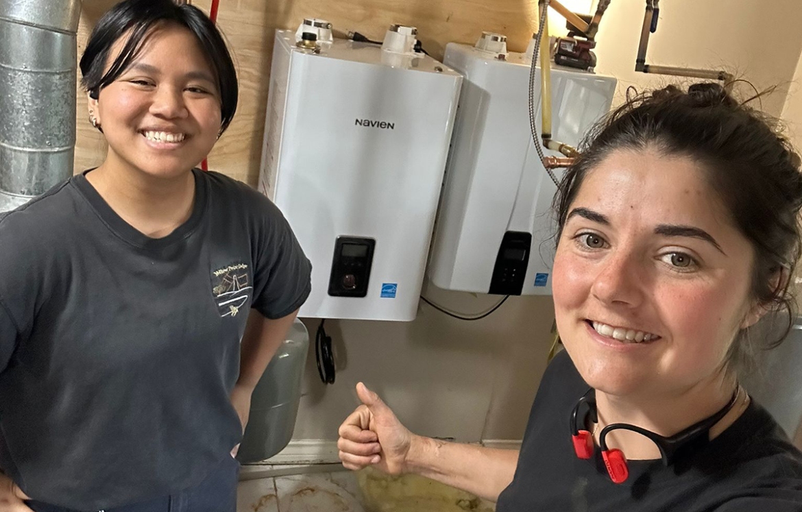 Mentor Mahara Gibson-Zeinoun and mentee Chanapa Yupraphat highlight the success of hands-on plumbing mentorships within the BCCA Building Builders program.